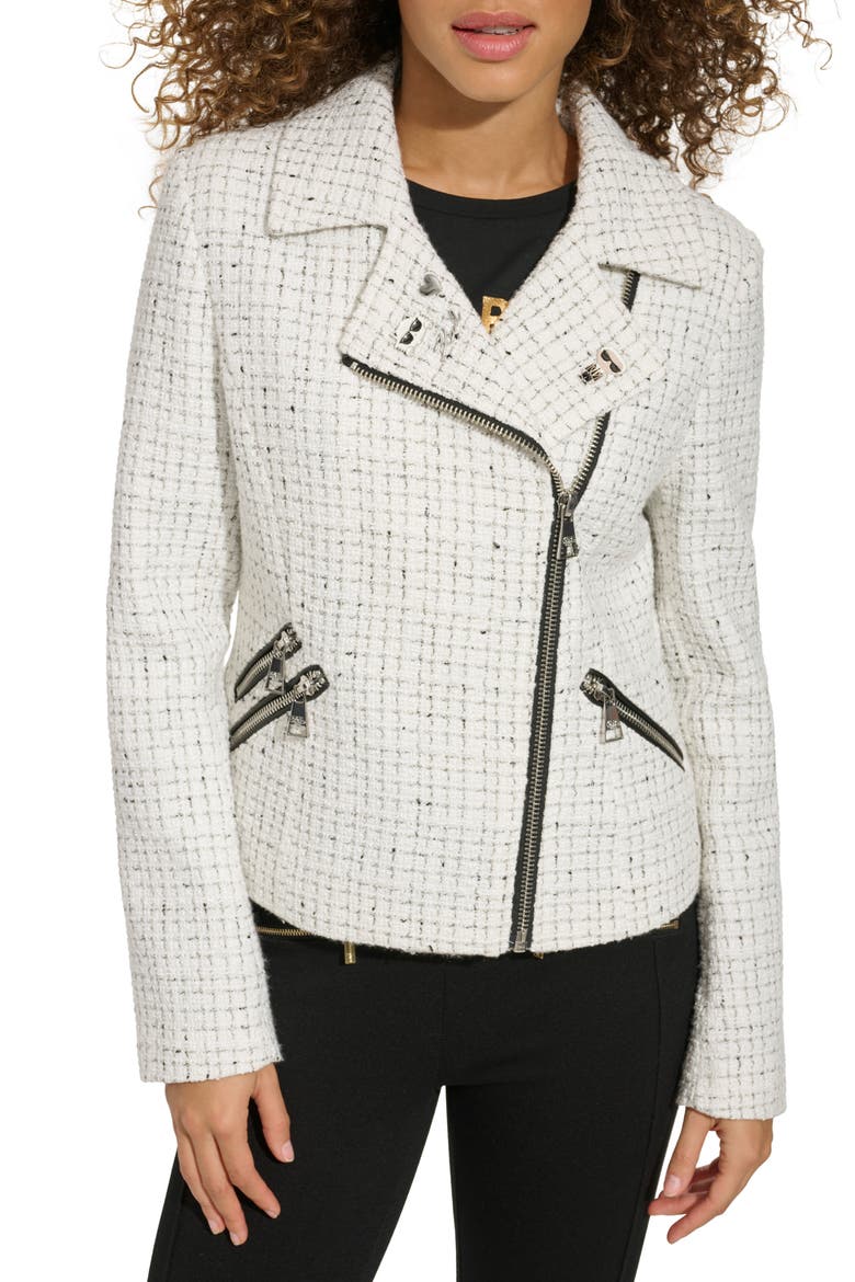 Pin Detail Tweed Moto Jacket, Main, color, WHITE MULTI