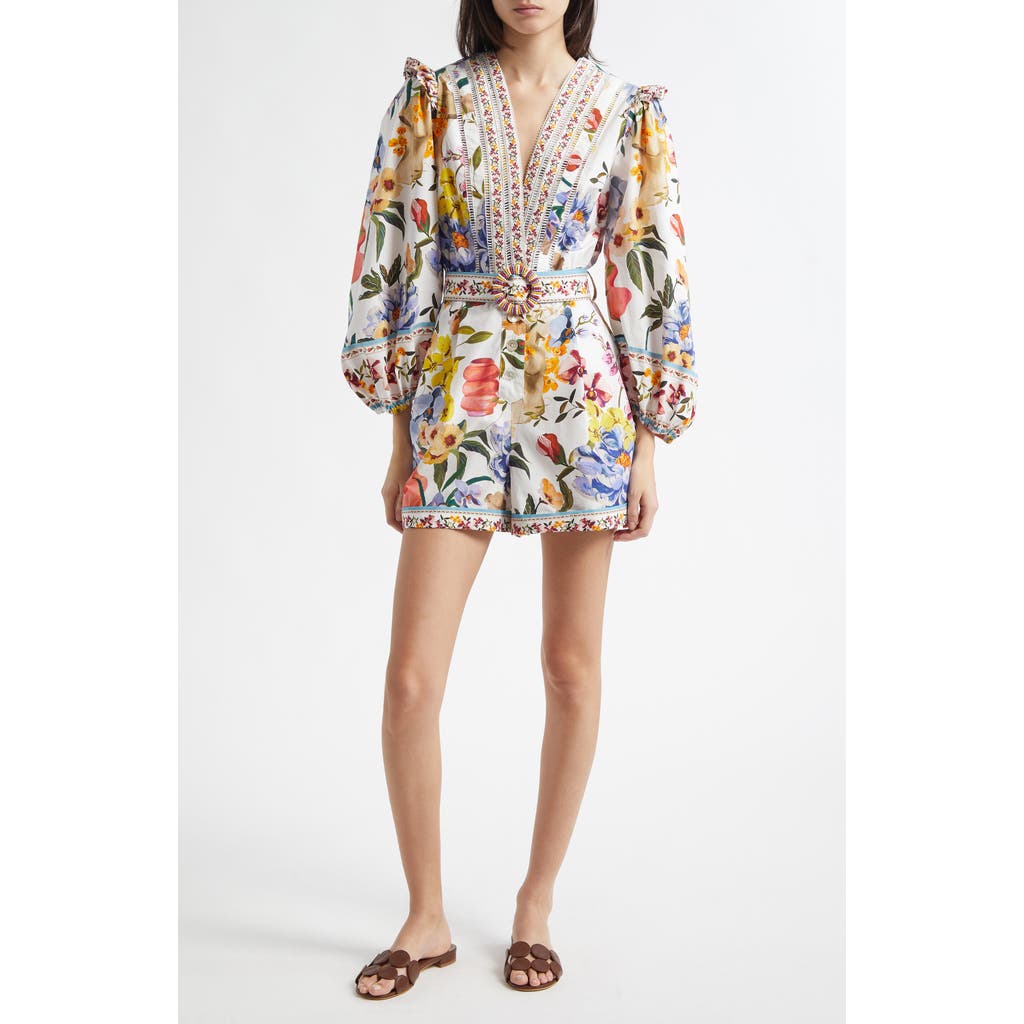 Farm Rio Greek Garden Long Sleeve Plunge Neck Cotton Romper In White Floral