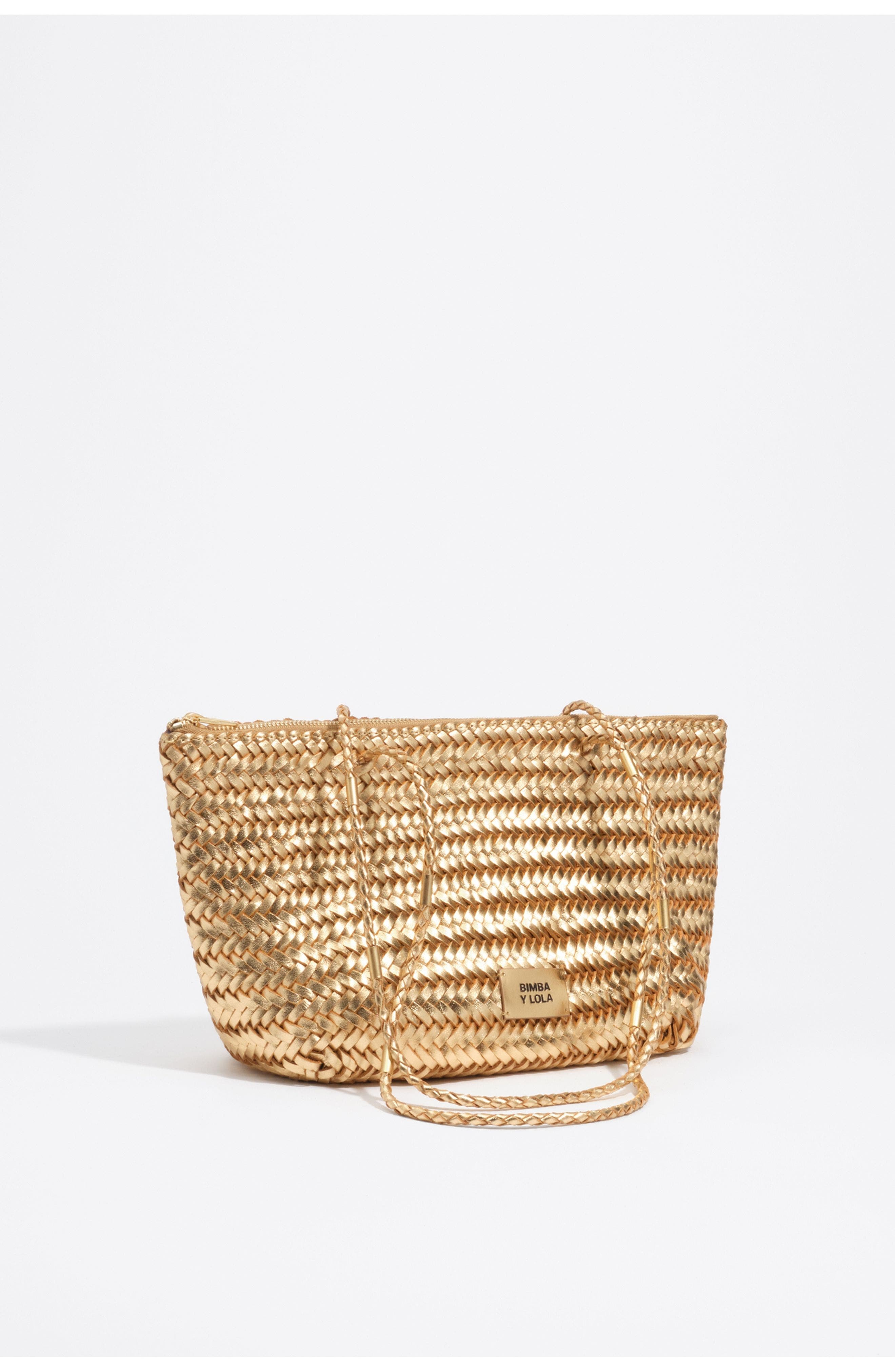 Medium Plaited Leather Shopper Bag, Main, color, GOLD
