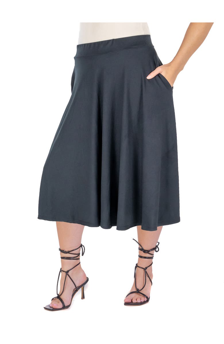 24seven Comfort Apparel Elastic Waist Pleated Pocket Midi Skirt, Alternate, color, Black
