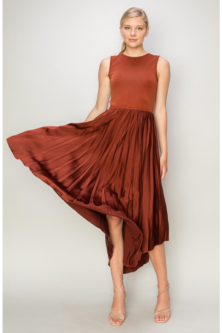 Mixed Media Sleeveless Asymmetric Dress, Alternate, color, RUST