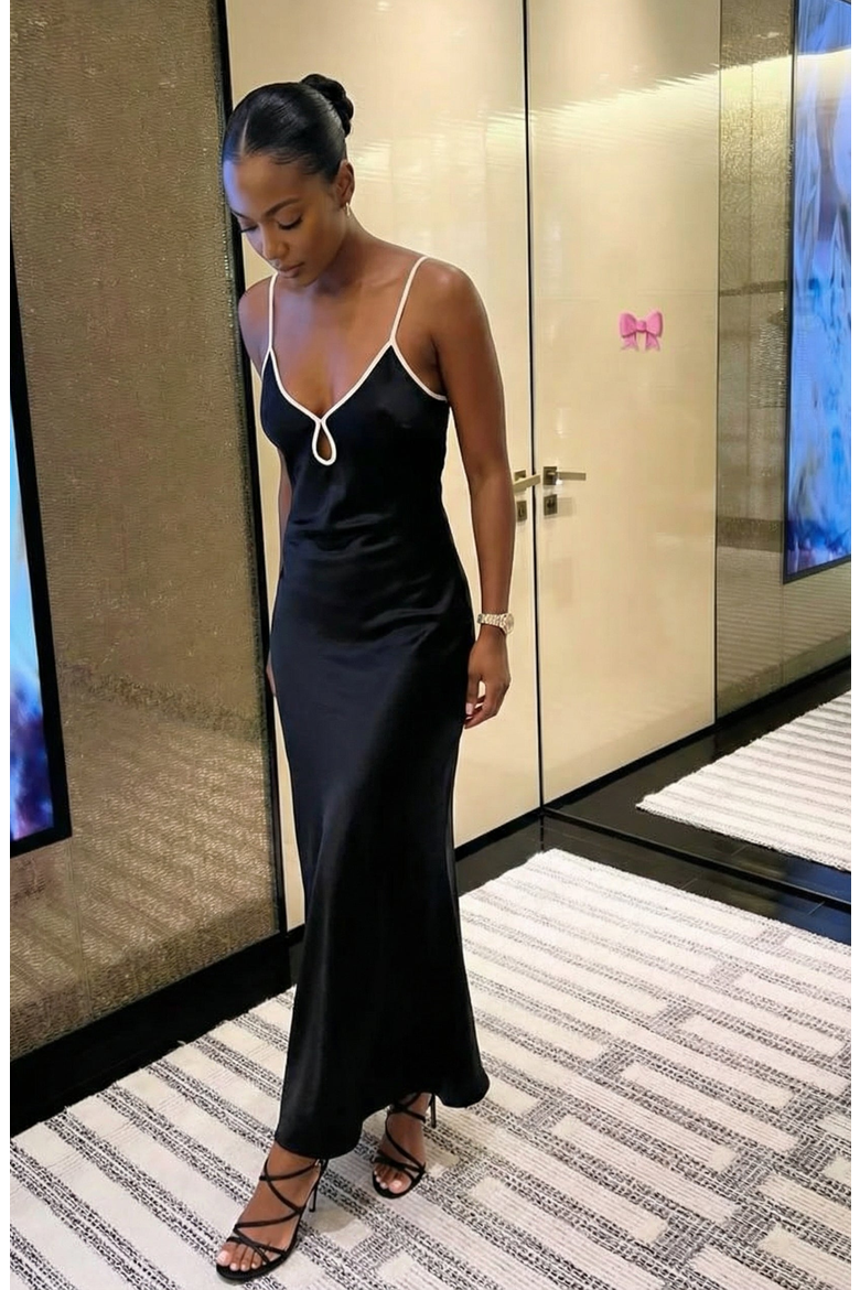 Satin Plunging Cutout Maxi Dress, Alternate, color, Black / Cream