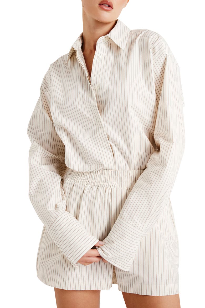 Stripe Stretch Cotton Poplin Button-Up Shirt, Main, color, PUTTY PENCIL STRIPE003