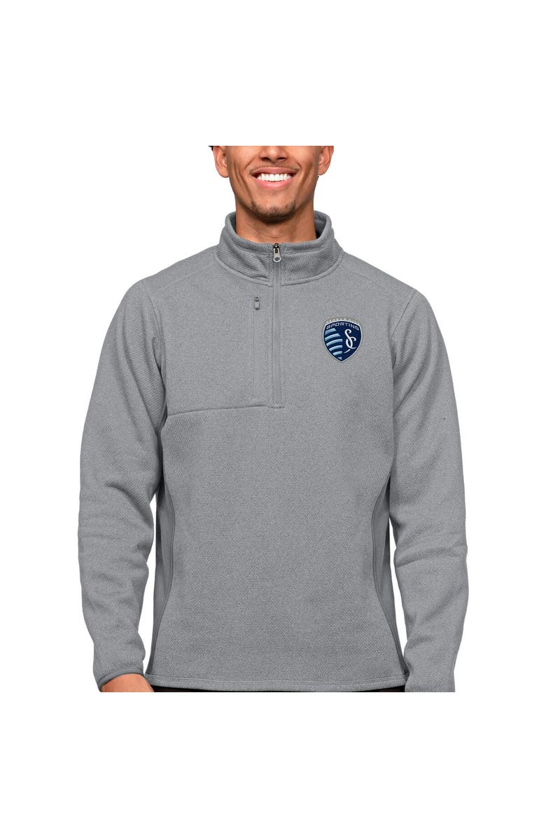 ANTIGUA Men's Antigua Gray Sporting Kansas City Primary Team Logo Course Quarter-Zip Pullover Top, Main, color, 