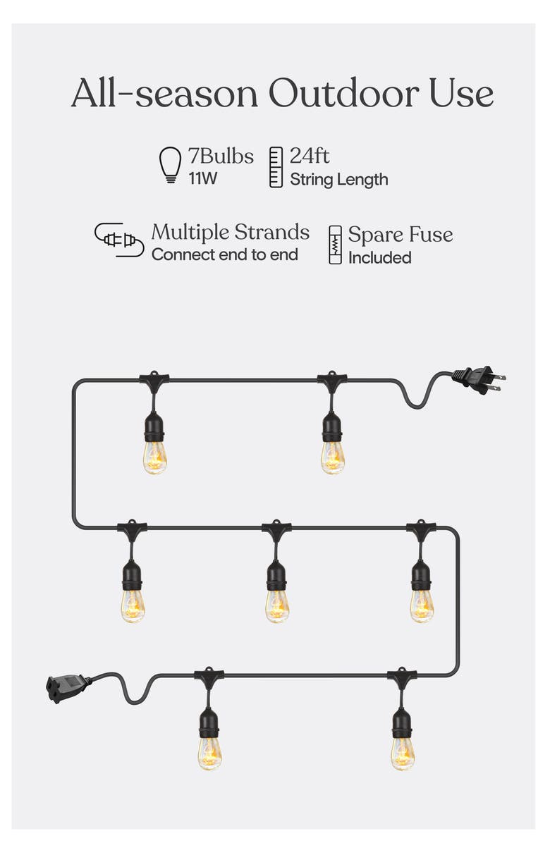 Brightech 24 ft or 48 ft, Plug‑In Heavy Duty Incandescent Glow Outdoor String Lights, Weatherproof Glass Bulbs, Alternate, color, 24 Ft 7 Bulbs | Warm White