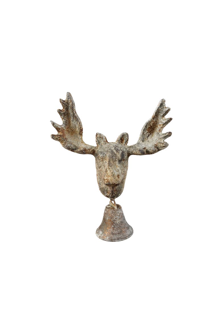 Heavily Distressed Iron Moose Wall Accent with Bell, Main, color, Distressed Finish