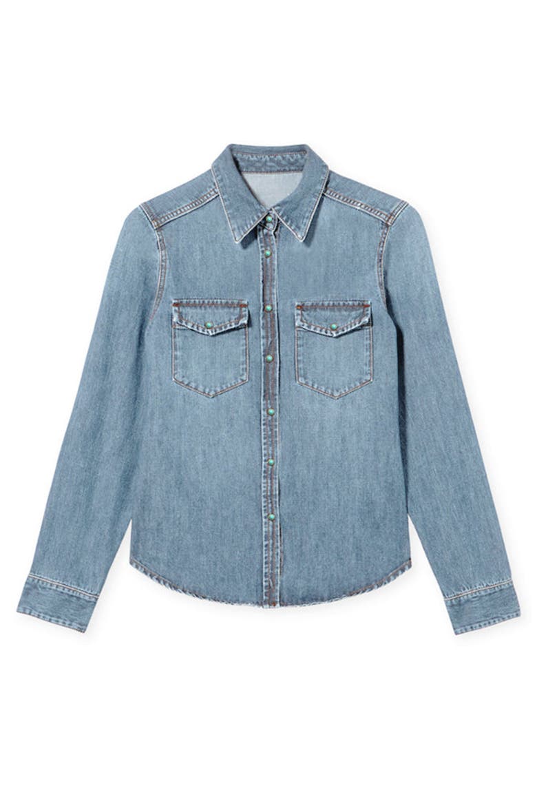 Brigitte Slim Fit Bleach Wash Denim Shirt, Main, color, PALE BLUE