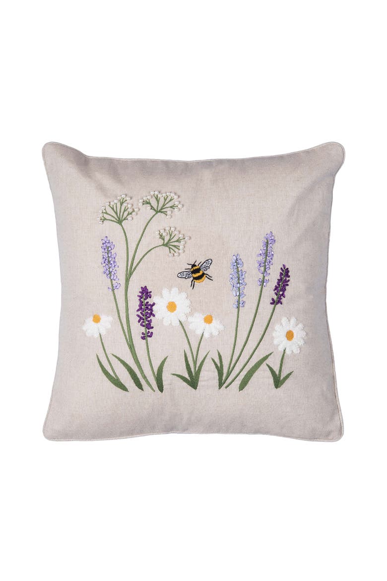 Lavender & Bee Garden Cotton Blend Handwoven Spring Accent Throw Pillow 18" x 18", Main, color, Beige