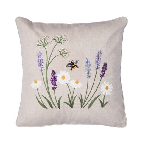 Lavender & Bee Garden Embroidered Woven Throw Pillow, 18" x 18"