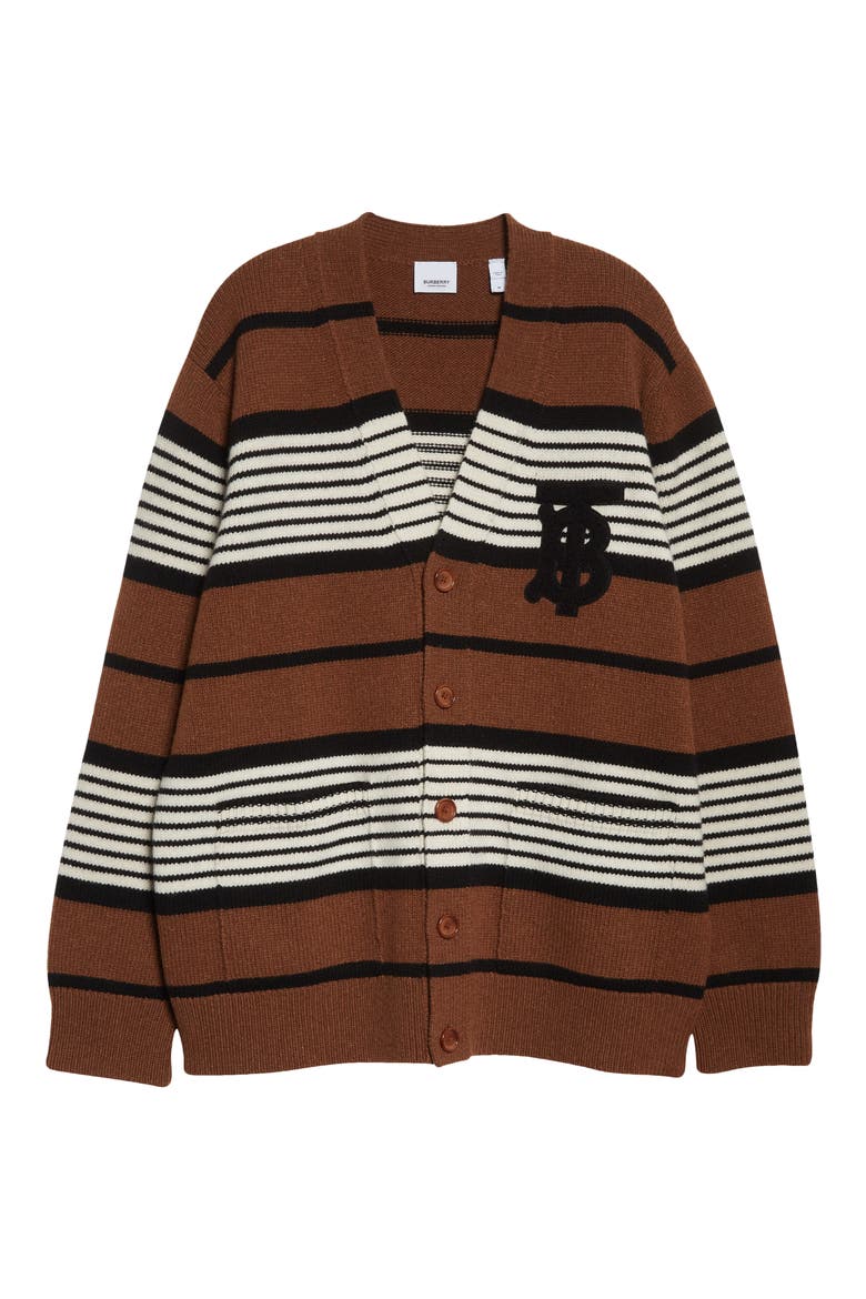 Icon Stripe Monogram Logo Patch Wool & Cashmere Cardigan, Alternate, color, DARK BIRCH BROWN