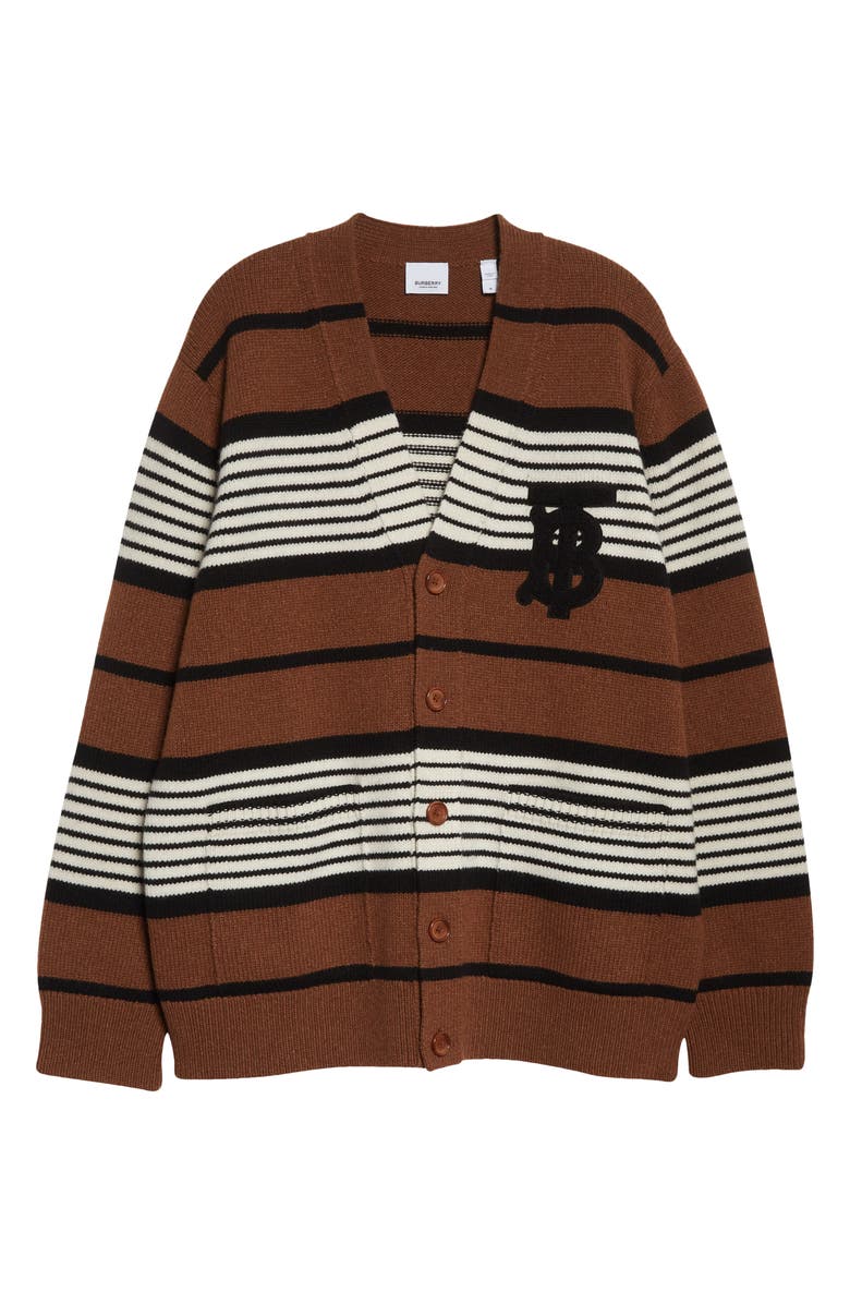 Burberry Icon Stripe Monogram Logo Patch Wool & Cashmere Cardigan, Alternate, color, 