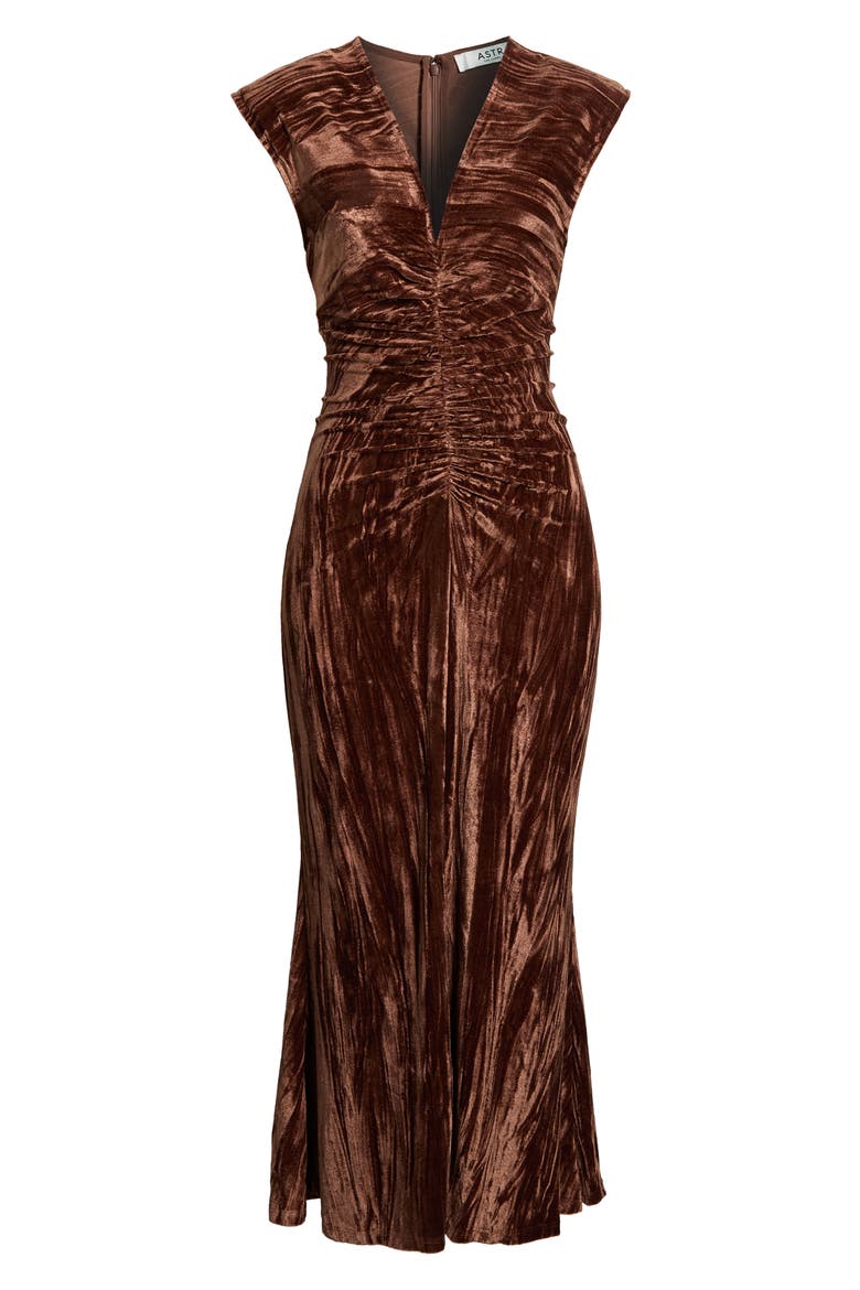 Daisha Ruched Velour Midi Dress, Alternate, color, BROWN