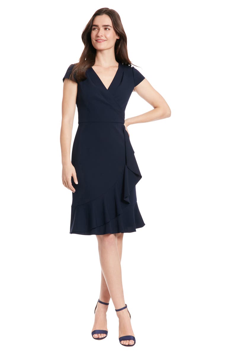 London Times Cap Sleeve Ruffle Faux Wrap Dress, Alternate, color, 