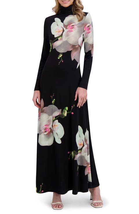 Placed Floral Turtleneck Long Sleeve Maxi Dress
