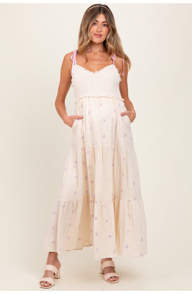 PinkBlush Embroidered Smocked Shoulder Tie Maxi Dress, Alternate, color, Cream