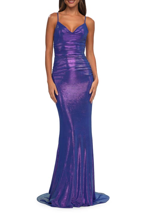 Metallic Prom Dress with Ruching and Illusion Back