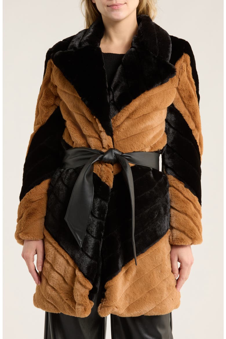 Zoya Faux Leather Belted Faux Fur Coat, Alternate, color, BLACK/ BISCOTTI
