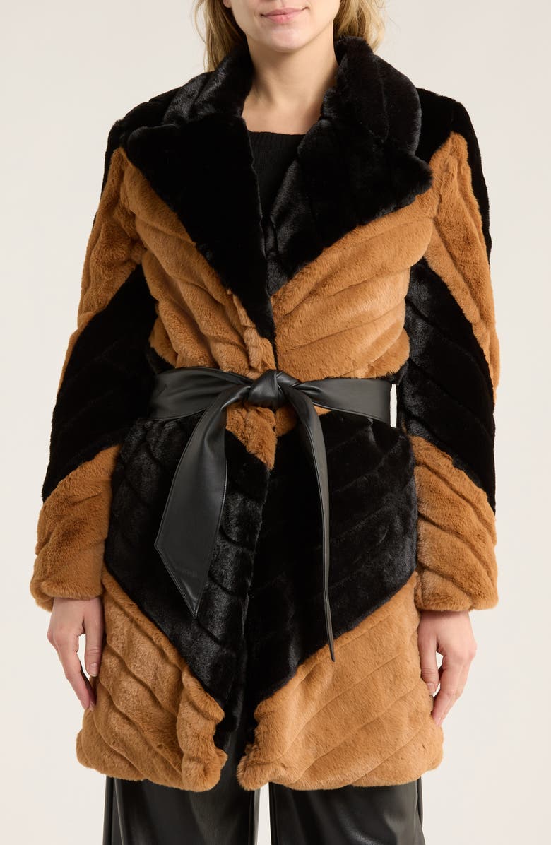 L'AGENCE Zoya Faux Leather Belted Faux Fur Coat, Alternate, color, Black/ Biscotti