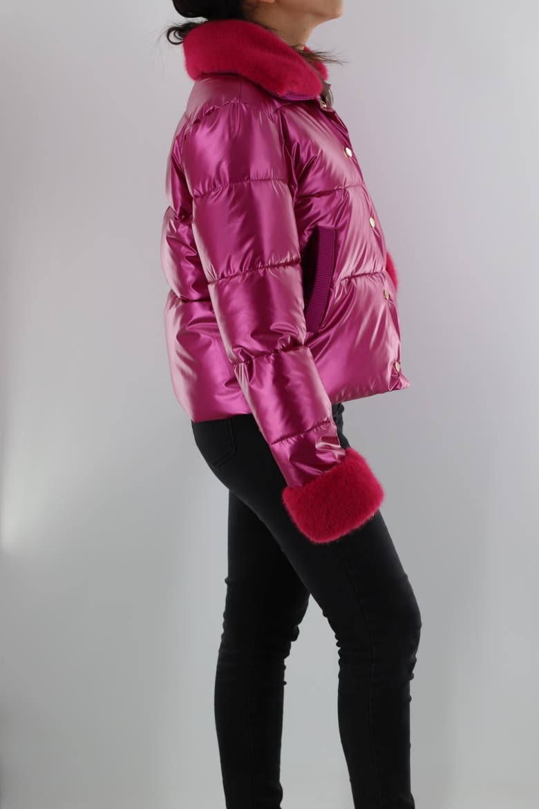 Metallic Puffer Jacket with Faux Fur Collar, Alternate, color, Fuchsia