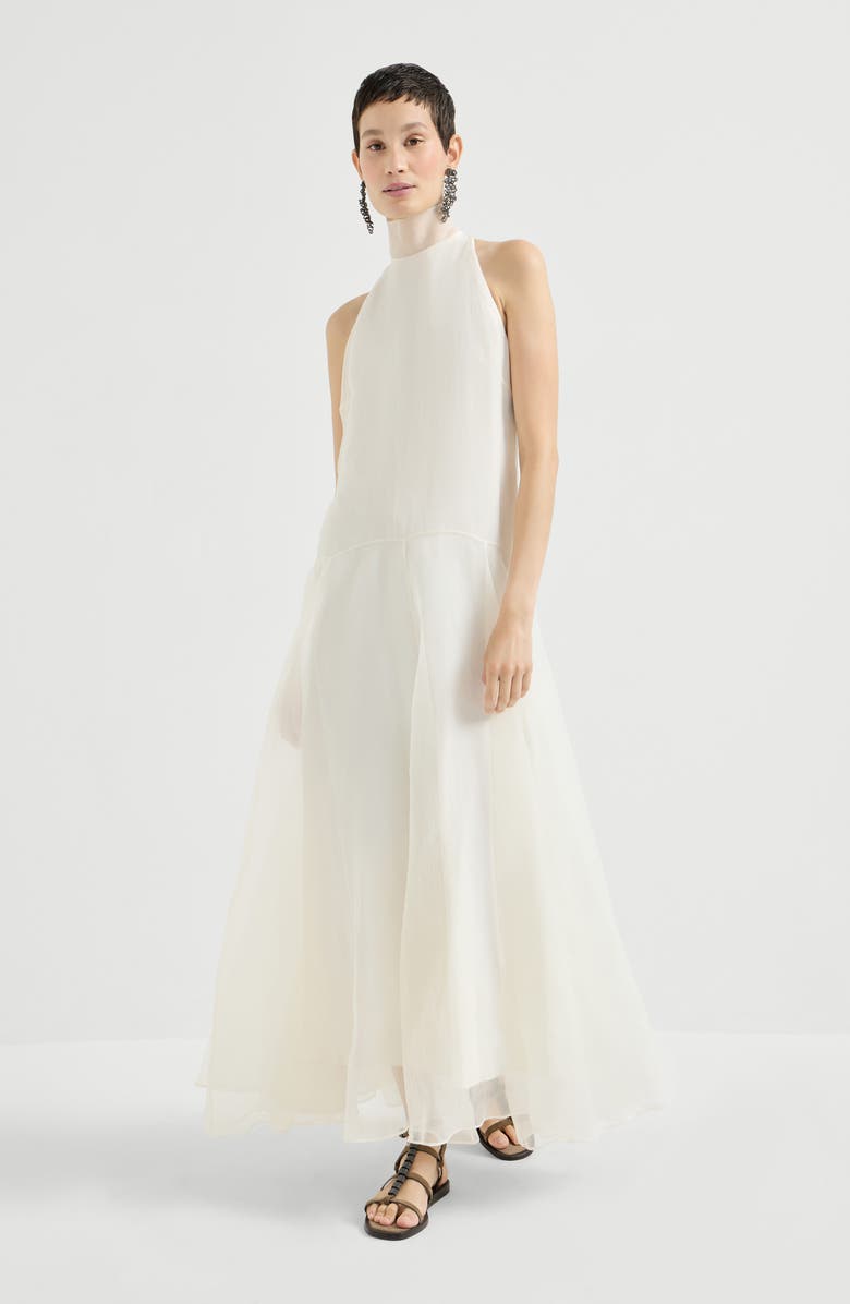 Brunello Cucinelli Crispy silk dress with monili, Main, color, Butter