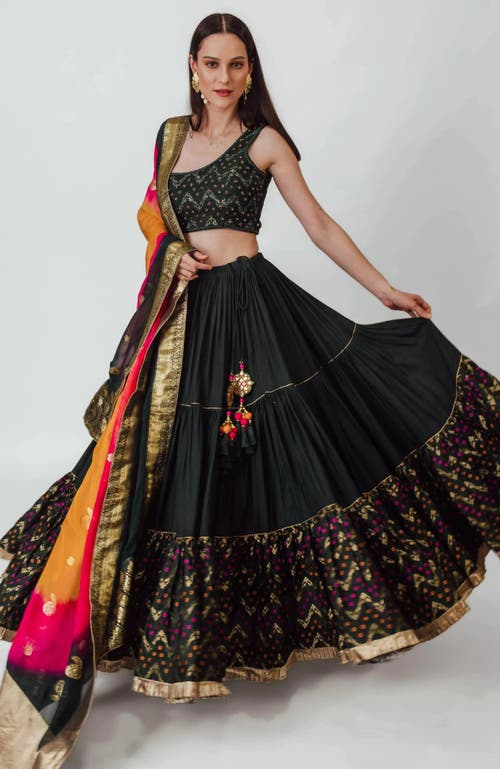 Raas Mariana Tiered Lehenga With One Shoulder Blouse In Green