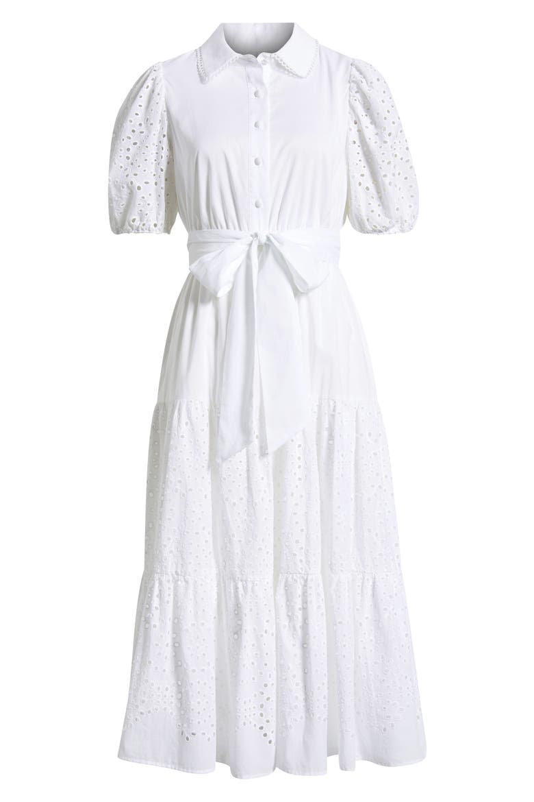 Eyelet Tie Waist Puff Sleeve Midi Dress, Alternate, color, CRISP WHITE