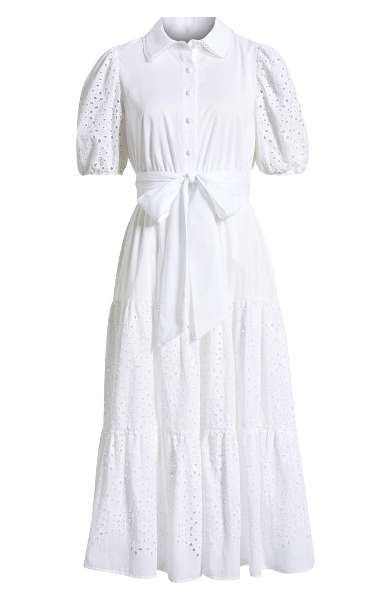 Anne Klein Eyelet Tie Waist Puff Sleeve Midi Dress, Alternate, color, Crisp White