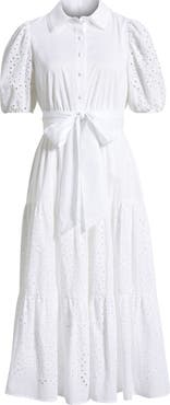 Anne Klein Eyelet Tie Waist Puff Sleeve Midi Dress