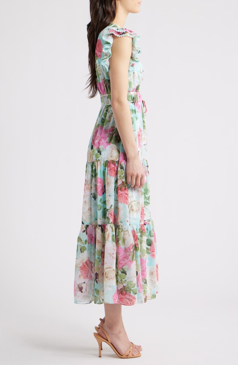 Anne Klein Floral Ruffle Drawstring Waist Dress, Alternate, color, Eggshell Blue Multi