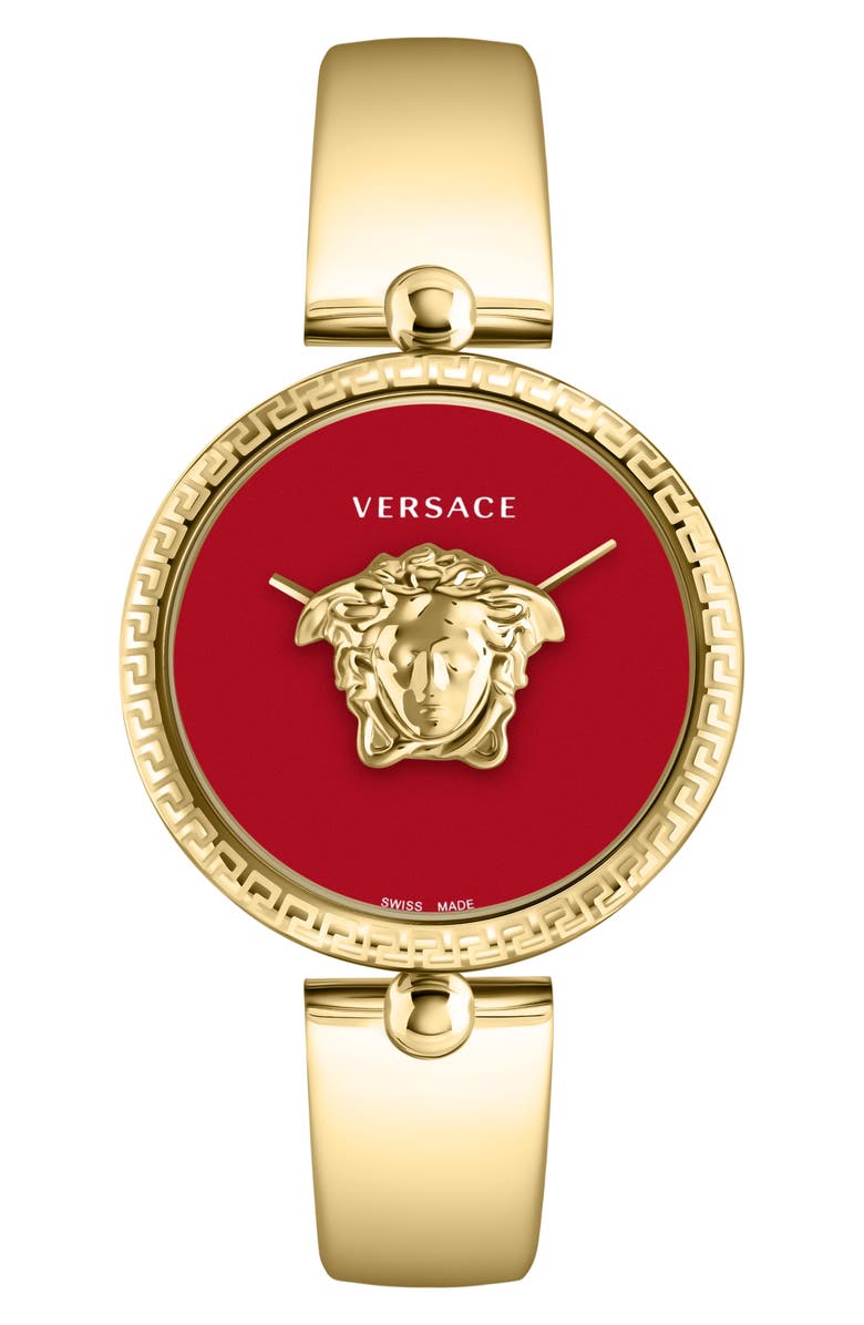 Versace Palazzo Empire Two Hand Quartz Leather Strap Watch, 39mm, Main, color, Gold