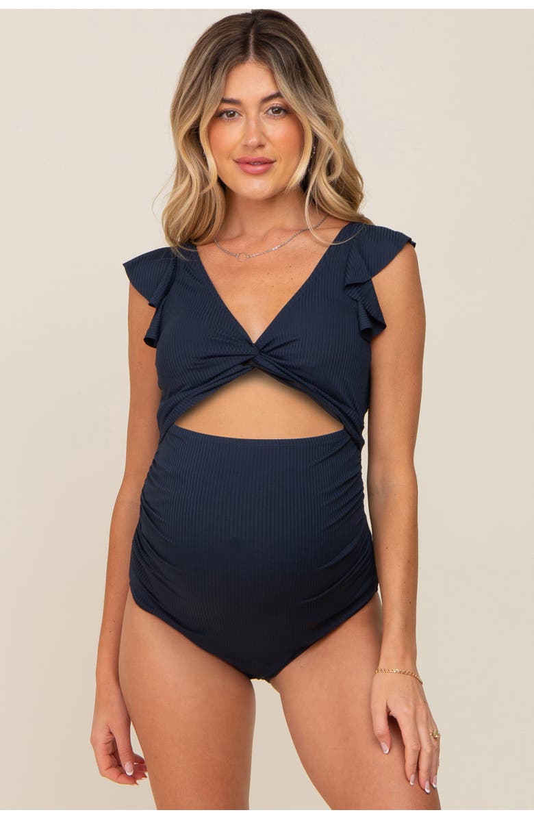 PinkBlush Ribbed Cutout Flutter One Piece Maternity Swimsuit, Main, color, Navy Blue