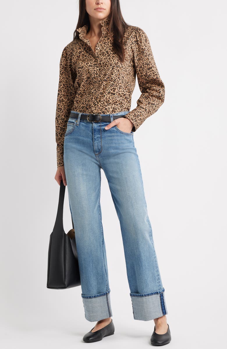 Caslon<sup
®</sup
Ruffle Puff Sleeve Cotton Button-Up Shirt, Alternate, color, Tan Tannin Jackie Leopard