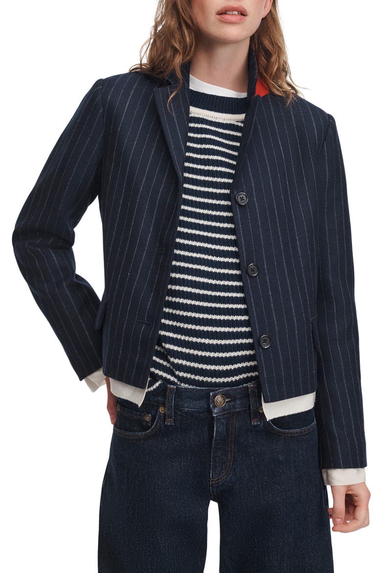 Lawrence Pinstripe Wool Blend Cropped Blazer, Alternate, color, NAVY MULTI