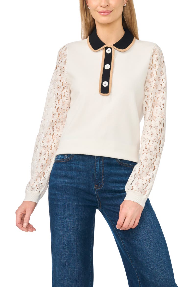 Lace Sleeve Polo Sweater, Main, color, ANTIQUE WHITE