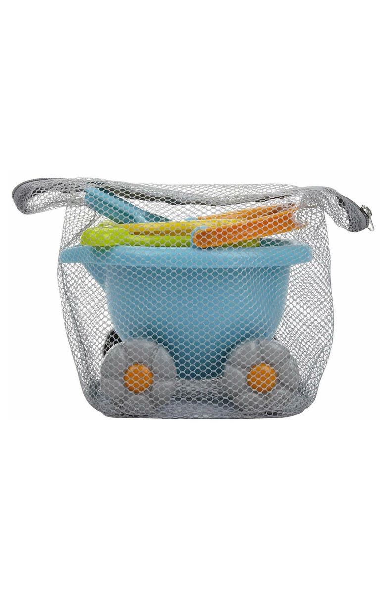 HABA Sand Bucket Scooter - 4 Piece Nesting Beach Toy Set, Toddler Beach Essentials with Sand Bucket, Sieve, Shovel, & Pail on Wheels for Toddlers 1-3, Alternate, color, Blue Multi