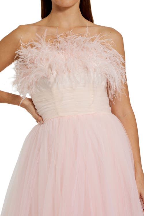 Mac Duggal Strapless Tulle Gown With Feather Accents In Pink Ombre