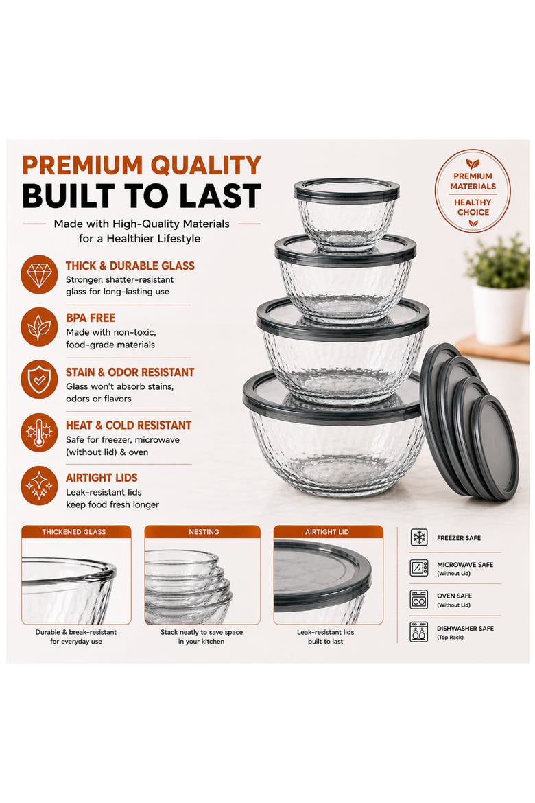 4-Piece Glass Diamond Textured Bowl Set, Alternate, color, NO COLOR
