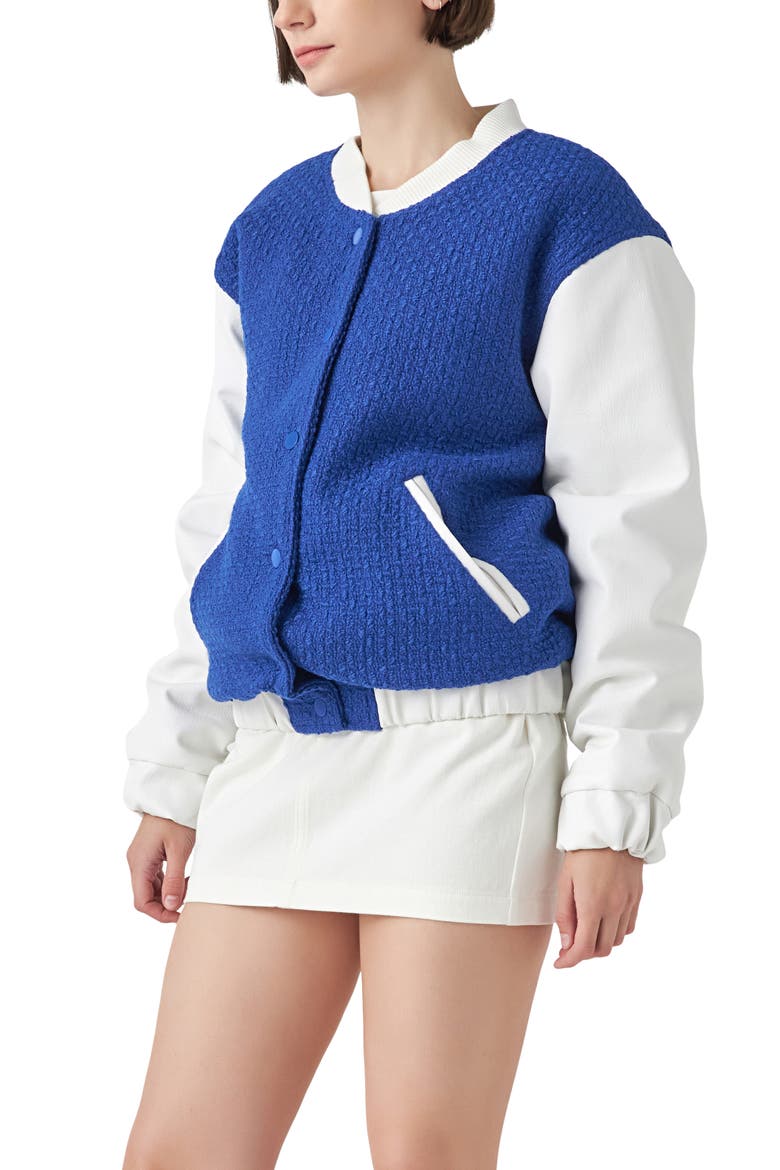 Tweed & Faux Leather Bomber Jacket, Alternate, color, BLUE/ WHITE