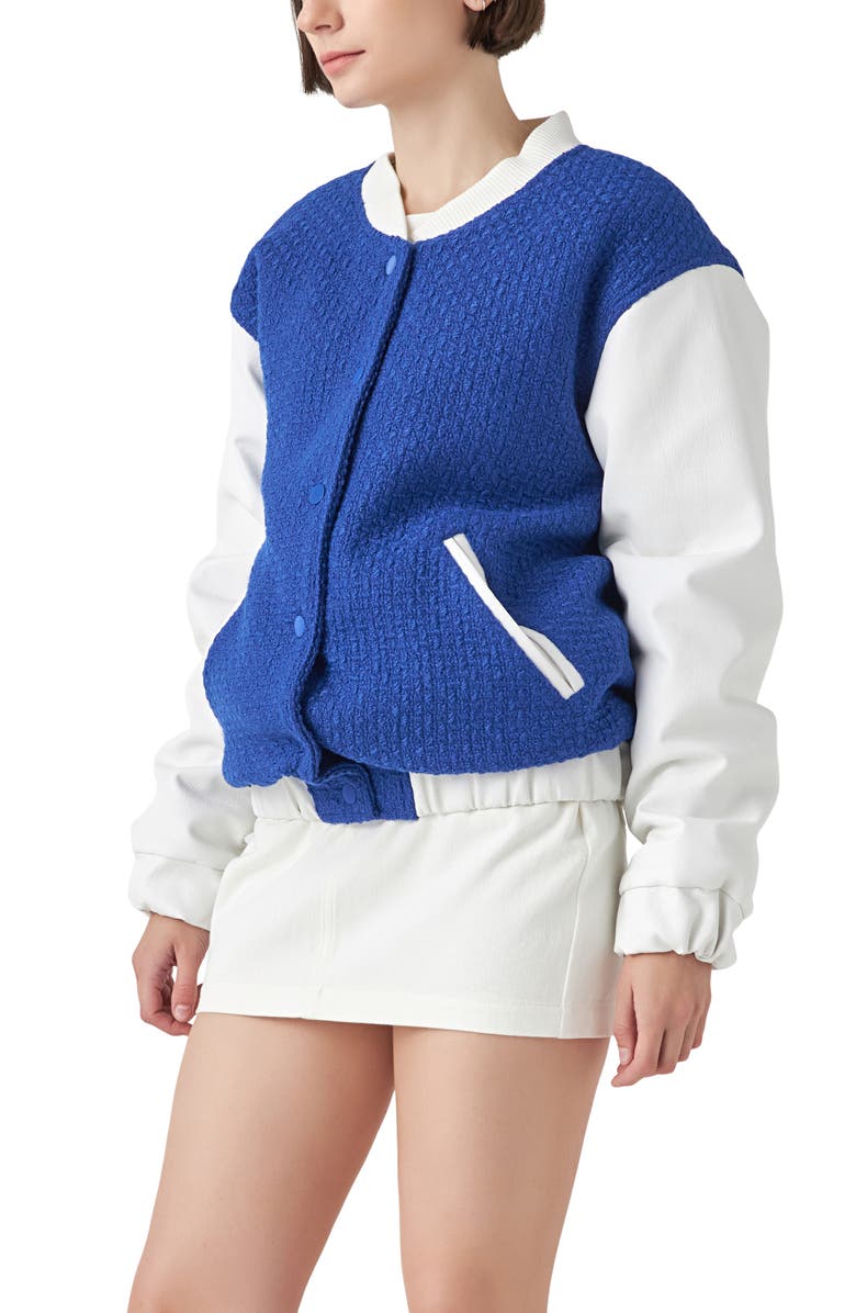 English Factory Tweed & Faux Leather Bomber Jacket, Alternate, color, Blue/ White