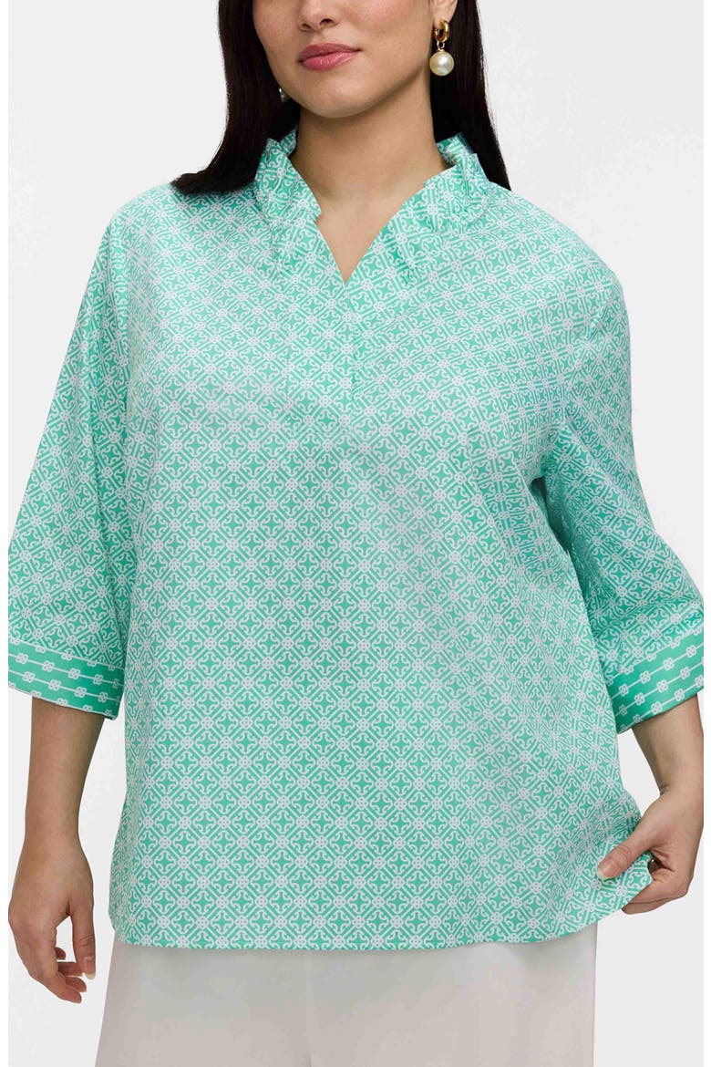 Tammy Geo Lattice Print Ruffle Collar Cotton Top, Main, color, GREEN/ WHITE