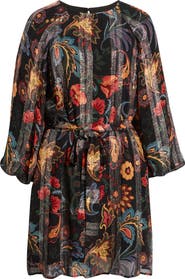 CIEBON Odette Floral Metallic Long Sleeve Belted Dress