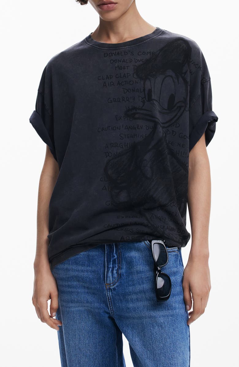 Desigual Donald Duck Drawing Cotton Graphic T-Shirt, Main, color, Neutral Gray