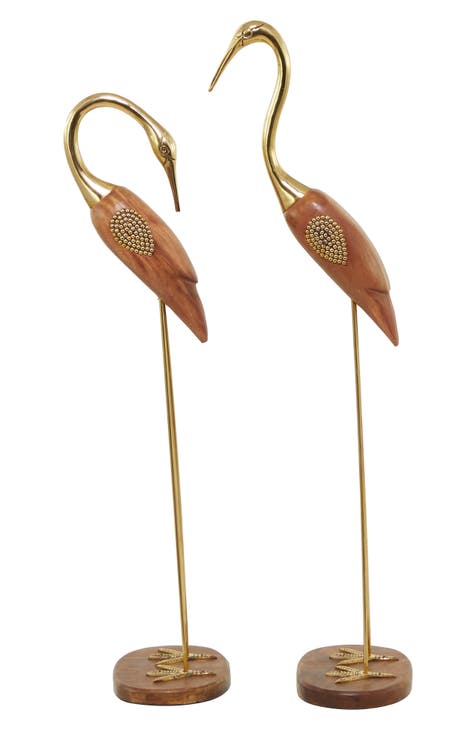 Gold Wood Natural Bird Sculpture (Set of 2)