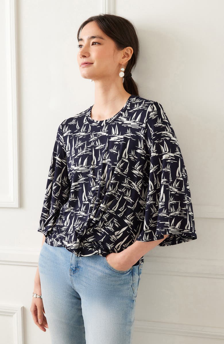 Karen Kane Sailboat Print Flare Sleeve Shirt, Alternate, color, Blue Multi