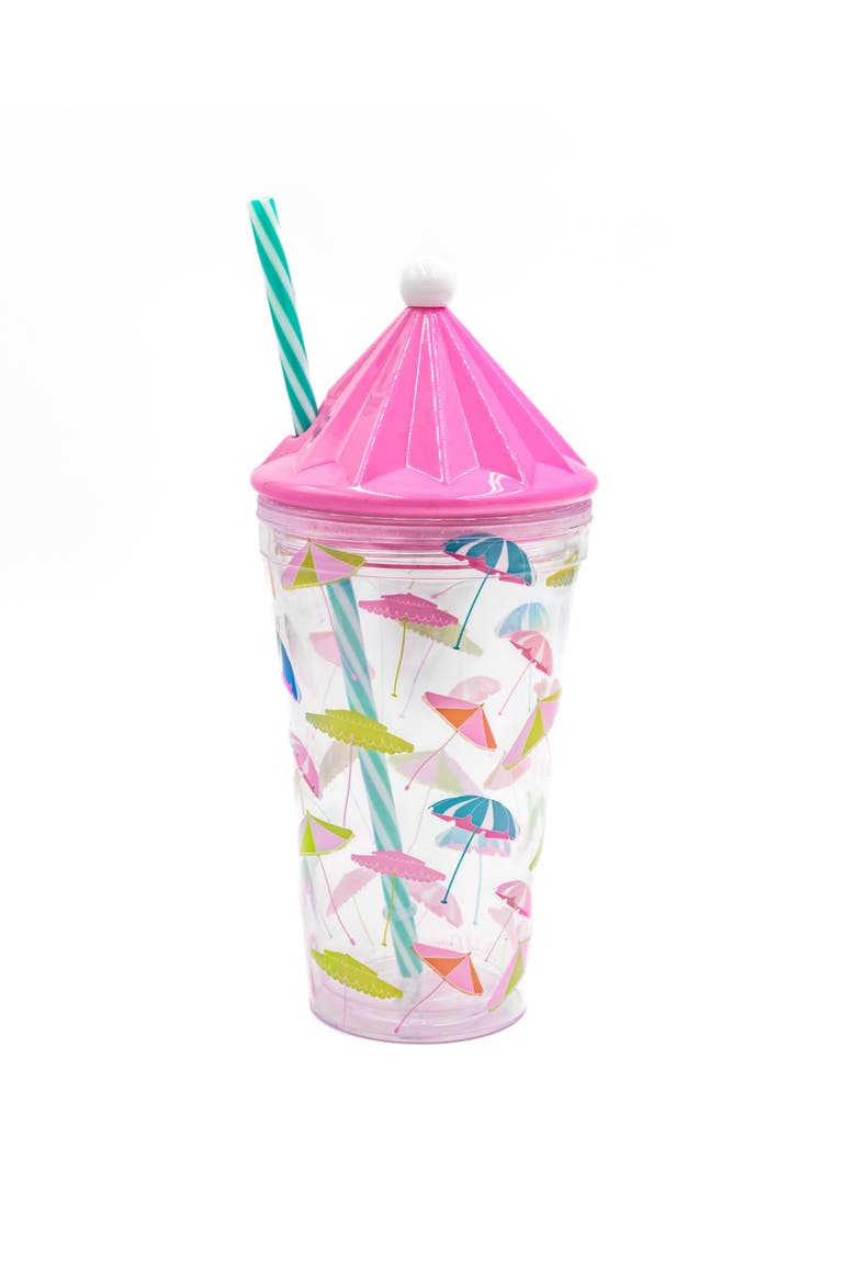 Umbrella Print Drink Tumbler | 18 oz Beach-Inspired Reusable Sipper Cup with Straw and Umbrella Lid | 9.25x4.25 Inch, Main, color, Multicolor
