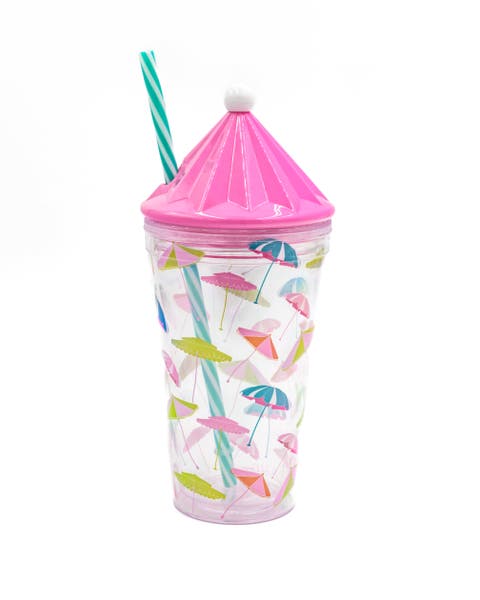 Umbrella Print Drink Tumbler | 18 oz Beach-Inspired Reusable Sipper Cup with Straw and Umbrella Lid | 9.25x4.25 Inch