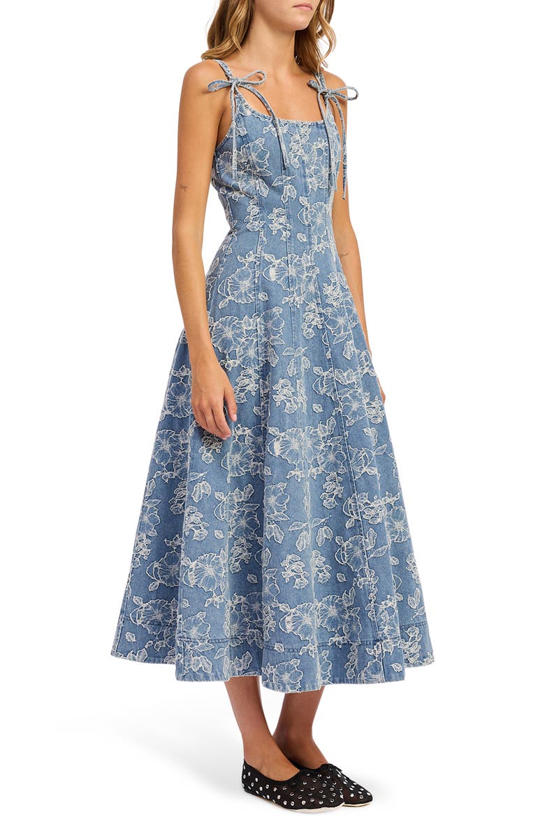 En Saison Opal Embroidered Floral Denim Midi Dress, Alternate, color, Medium Wash Denim