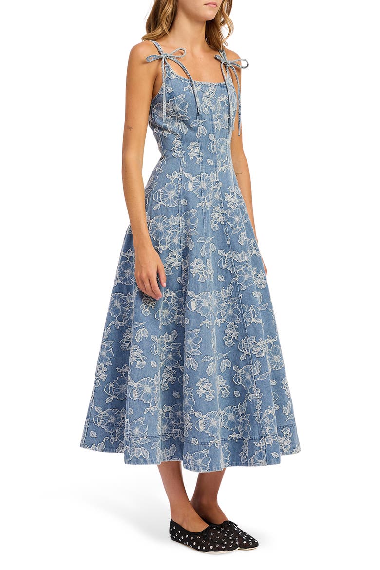 denim printed dress Medium Wash Denim Floral Pattern Short Dress