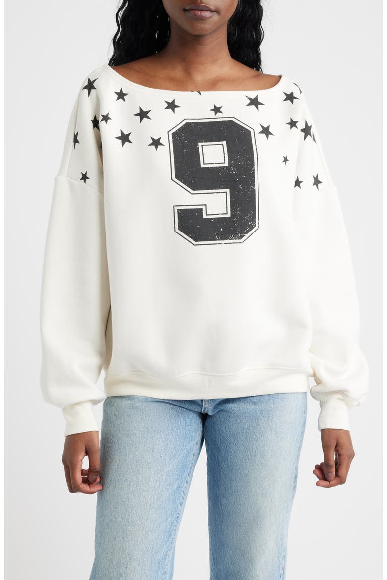 Nine Stars One Shoulder Graphic Sweatshirt, Main, color, MARSHMALLOW