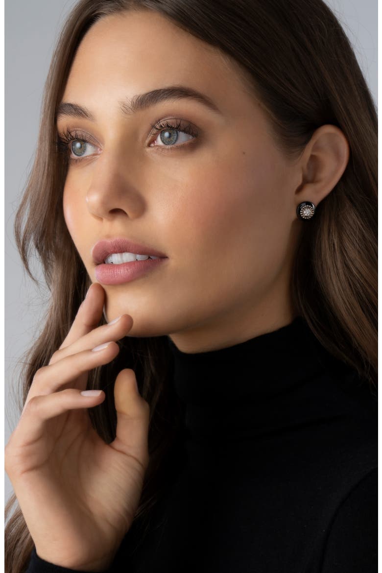 Black Caviar Diamond Pavé Stud Earrings, Alternate, color, BLACK